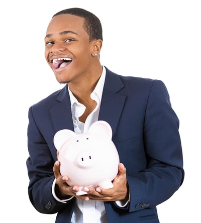 Closeup portrait of rich super excited young successful happy man introducing his friend, the piggy bank, isolated on white background. Financial money savings, corporate earnings report