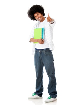 Happy black student with thumbs up - isolated over a white background